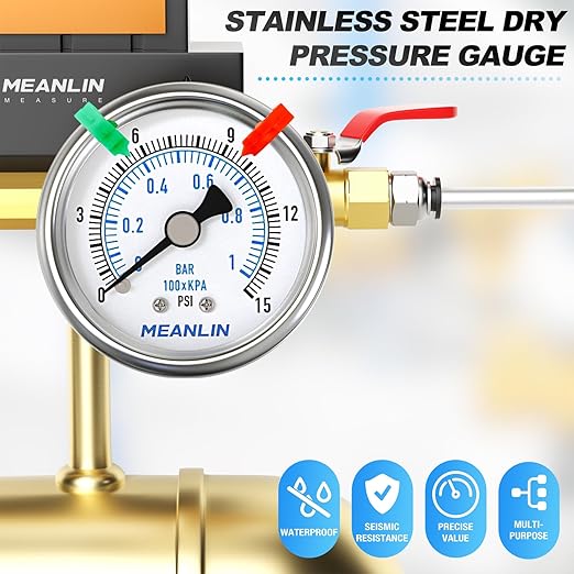 MEANLIN MEASURE 0~15Psi Dry Low Pressure Gauge Stainless Steel 1/4" NPT 2" FACE DIAL Waterproof for Water Oil Air Well Pump Tank Tire Pressure Test Back Mount (with 2PCS Snaps)