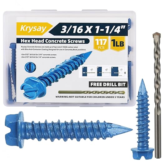 117Pcs 3/16 x 1-1/4 in Concrete Screws with Drill bits,Masonry Screws for Concrete Assortment Kit,Hex Head Block Cement Stacoo Screws and Anchors,Diamond Point,Blue Coated(1LB)
