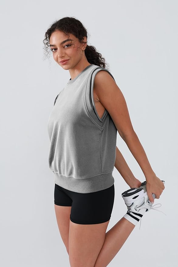 Workout Tank Tops Woman Crew Neck Athletic Tops Cotton Sweatshirt Loose Fit Muscle Tanks Runnning Gym Sports Shirt