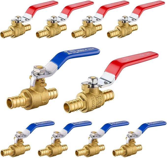 10-Pack Foskan 1/2" PEX Crimp Ball Valve, Brass Quarter Turn Full Port Shut-off Valve for PEX Tubing(Blue and Red)