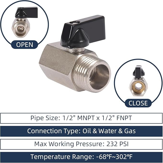 10 Pack 1/2'' Mini Brass Ball Valve 1/2 Inch Female x Male Threaded NPT Ball Valve Shut-Off Valve Plumbing Fitting for Water Oil Gas
