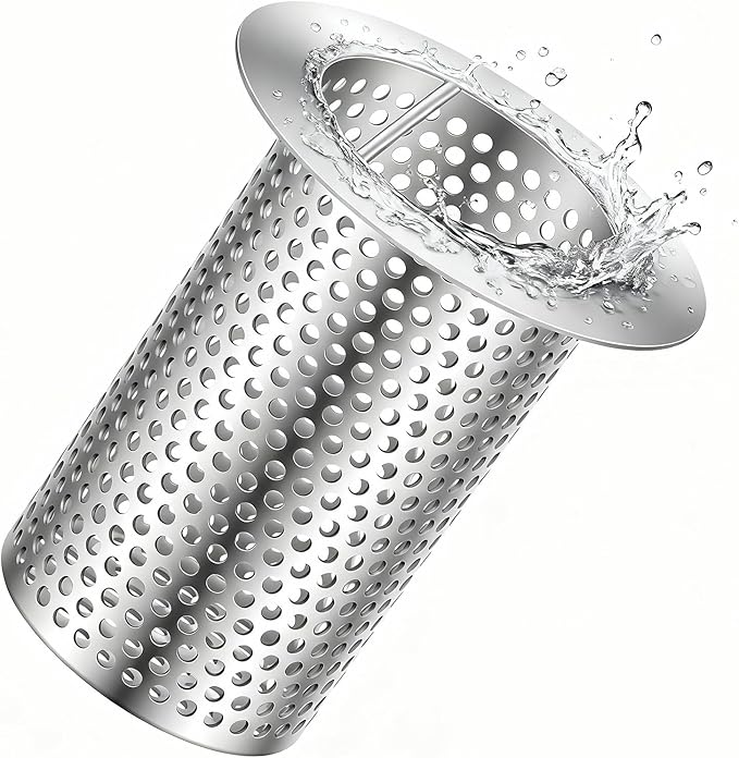 3" Diameter Commercial Floor Drain Strainer 4" Tall Perforated Cylindrical Mesh 316 Stainless Steel Drain Basket with Carry Handle –Heavy-Duty, for Restaurants, Kitchens, Factories