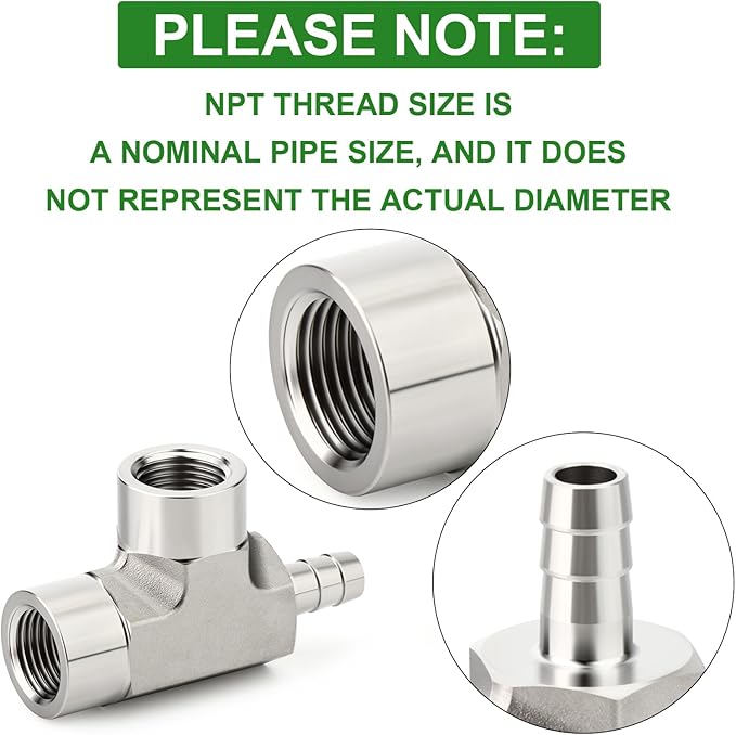 TAISHER 1PCS Forging of 304 Stainless Steel 3 Way Tee Hose Barb Fitting, 3/8" Hose Barb x 3/8" NPT Female x 3/8" NPT Female for Fuel/Air/Lquid/Gas with 2PCS Hose Clamp