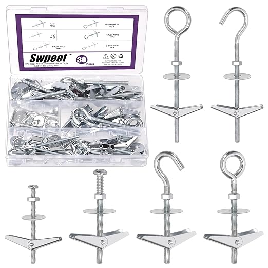 Swpeet 30 Set 3 Styles Toggle Bolts and Wing Nut Kit with Hex Nuts, Washers Assortment Kit, Spring Toggle Bolt, Eye Toggle Bolt, Ceiling Hooks Bolts, Heavy Duty Butterfly Toggle Anchors Hooks Drywall