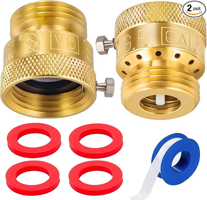 2-Pack Brass Vacuum Breaker Set 3/4" Anti-Siphon Hose Bib Valve for Garden Spigot RV Hose Connection Backflow Preventer Connector with Tape and Extra washers