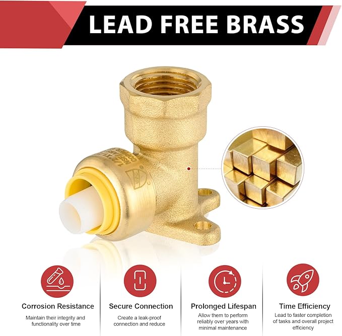 EFIELD 1/2" Push Fit x 1/2" Female NPT Drop-ear Elbows Brass Fitting with a Disconnect Clip (Pack of 5),(PF066-5PCS)