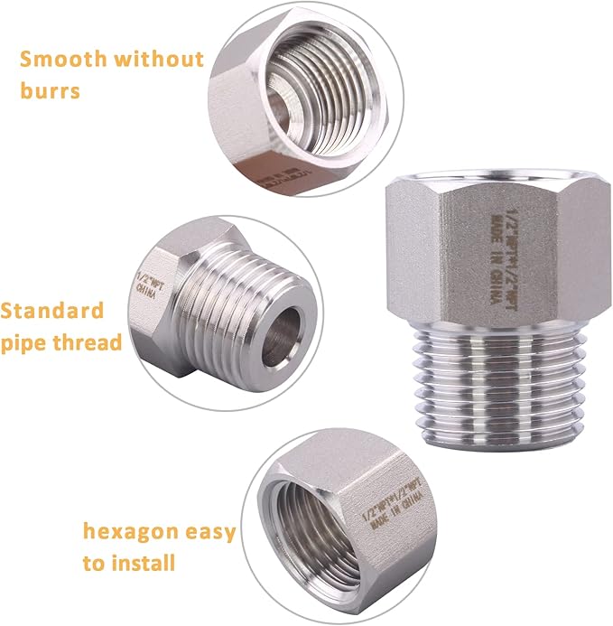 Forged Reducer Adapter Fitting - Stainless Steel 304 Reducing Pipe Connector, 1/2" NPT Female x 1/2" NPT Male (pack of 2)