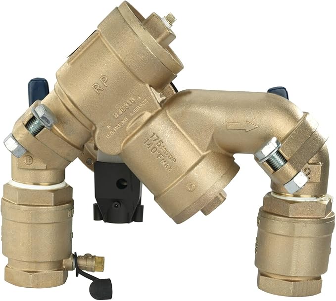Febco 825YA Series 1-1/2" Bronze Reduced Pressure Zone Backflow Preventer Assembly, Quarter Turn Shutoff, N Pattern, Angle Union Connections, Flood Sensor with SentryPlus Alert Technology