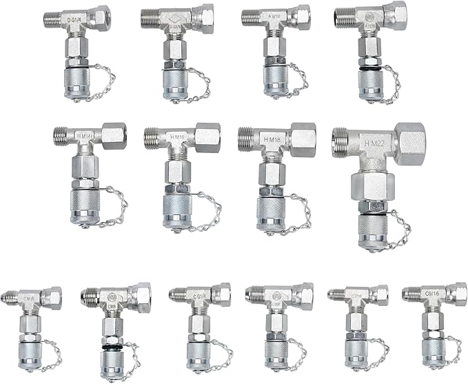 14Pcs Tee Fittings Connector Set - Hydraulic Fitting Tee Kit Include JIC37 and JIS30 Test Fittings, for Excavators and Construction Machinery Hydraulic Systems
