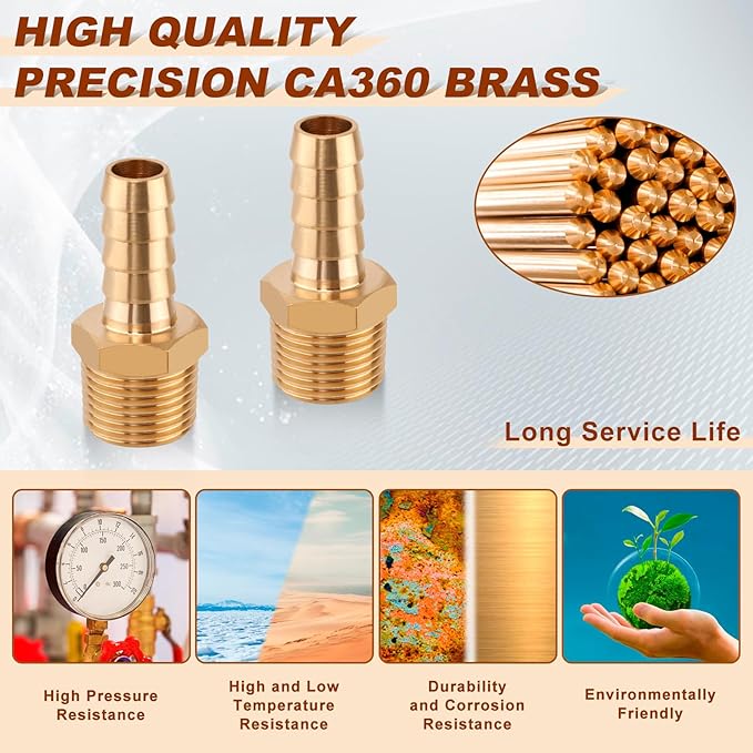 5pcs Brass Hose Barb Fittings 3/8 Inch Barb to 3/8 Inch NPT Male Thread Air Hose Fittings Adapter Connector Water Fuel Air Line Fittings 3/8” Barb × 3/8” NPT Brass Fittings