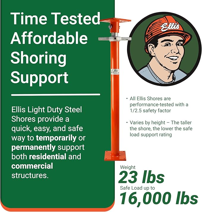 Ellis Manufacturing Light-Duty Steel Lifting Shore and Jack Post – House Jack for Foundation, Floor Leveling, and Concrete Bracing – 16,000 lb Safe Load Capacity – 23"-35" Adjustment