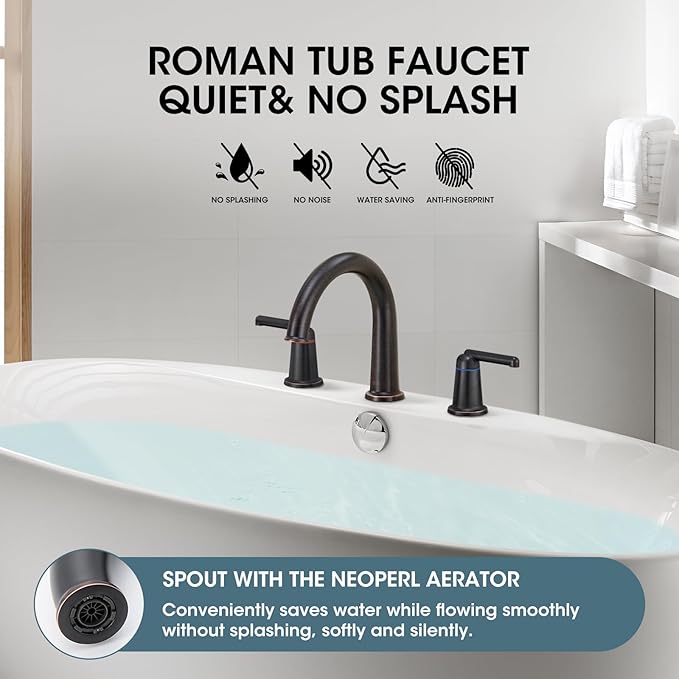 High Flow Roman Tub Faucet with Valve, Widespread Solid Brass 3 Hole Bathtub Faucet, 2 Handle Deck Mount Bath Tub Filler with Supply Water Hoses, Oil Rubbed Bronze