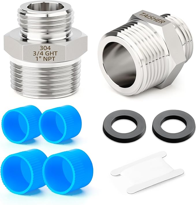 TAISHER 2PCS 304 Stainless Steel Garden Hose Adapter, 3/4" GHT Male x 1" NPT Male Garden Hose Connector with Washers