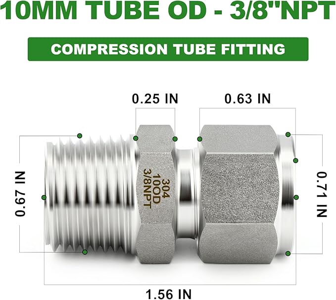TAISHER 5PCS 304 Stainless Steel Compression Tube Pipe Fitting Connector, 10MM Tube OD x 3/8" NPT Male Straight Adapter