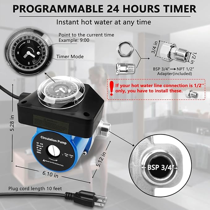 Hot Water Recirculating Pump with Timer Recirculation System & BSP 3/4" w/NPT 1/2" Adapter, Sensor Valve 304 Stainless Steel Bybass Valve Kit for Instant Hot Tank Water Heaters #595916 095580