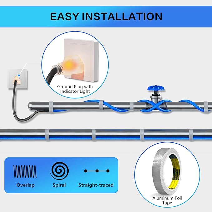 Heat Tape for Water Pipes with Thermostat & GFCI, Energy-Saving Pipe Heating Cable, Prevents Freezing, Works at -22℉, 25FT Blue, UL ETL Listed 120V