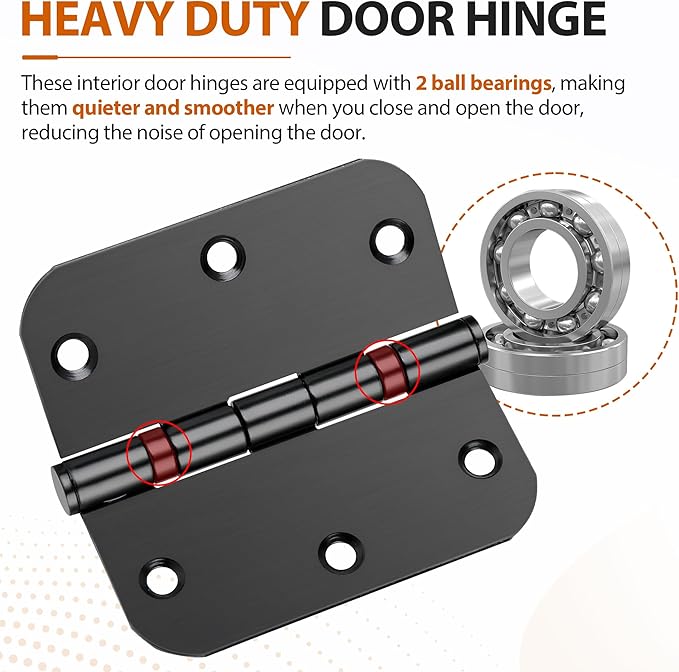 3.5 Inch Ball Bearing Door Hinges, 3-Pack Matte Black Heavy Duty Stainless Steel, 5/8" Radius Corner, Non-Removable Pin for Smooth Quiet Operation - Commercial Grade for Interior/Exterior Doors