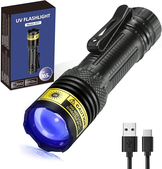 DARKDAWN UV Flashlight 365nm Black Light，Mini & Powerful USB- C Flashlights LED Rechargeable Woods Lamp， Portable Adjustable Focus Blacklight Flashlights for Uranium Glass, Money, Pet Urine Stains ﻿