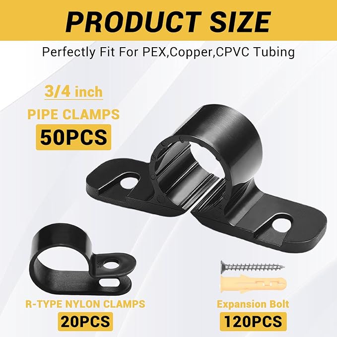 Total 190PCS Pex Support Pipe Supports Sets,Pex Hanger 50 Pack 3/4 Inch,R-Type Nylon Clamps 20 Pack with 120 pcs Screws for Pex, Copper, CPVC