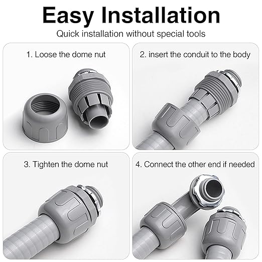 1 Inch Liquid Tight Connector - 6 Pack Liquid Tight Conduit 180 Degree PVC Electrical Conduit Fitting Non Metallic Straight Flexible Conduit Connectors for Indoor Outdoor Home, Kitchen, and Bathroom