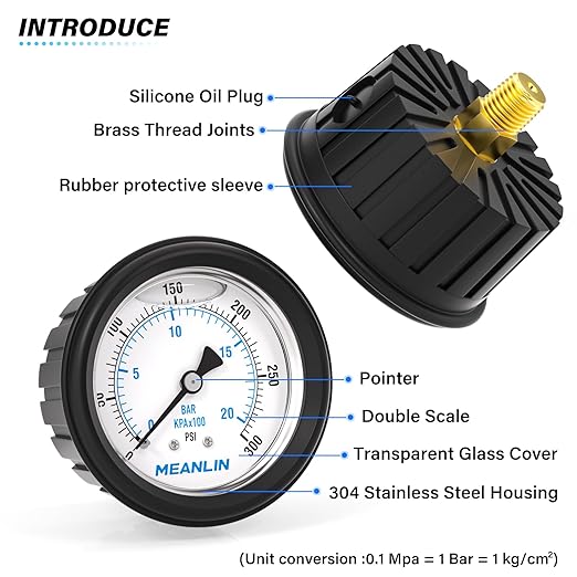 MEANLIN MEASURE 0~300Psi Stainless Steel 1/4" NPT 2.5" FACE DIAL,Liquid Filled Pressure Gauge, Center Back Mount (with Rubber Protective Sleeve), with 1/2" NPT and 3/8" NPT Hex Bushing