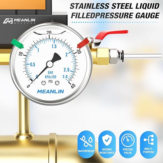 MEANLIN MEASURE 0~40Psi Stainless Steel Liquid Filled Pressure Gauge 2.5" FACE DIAL 1/4" NPT for Pool Sand Filter Water Oil Air Pressure Test Back Mount with Stainless Steel Hex Bushing and Snaps