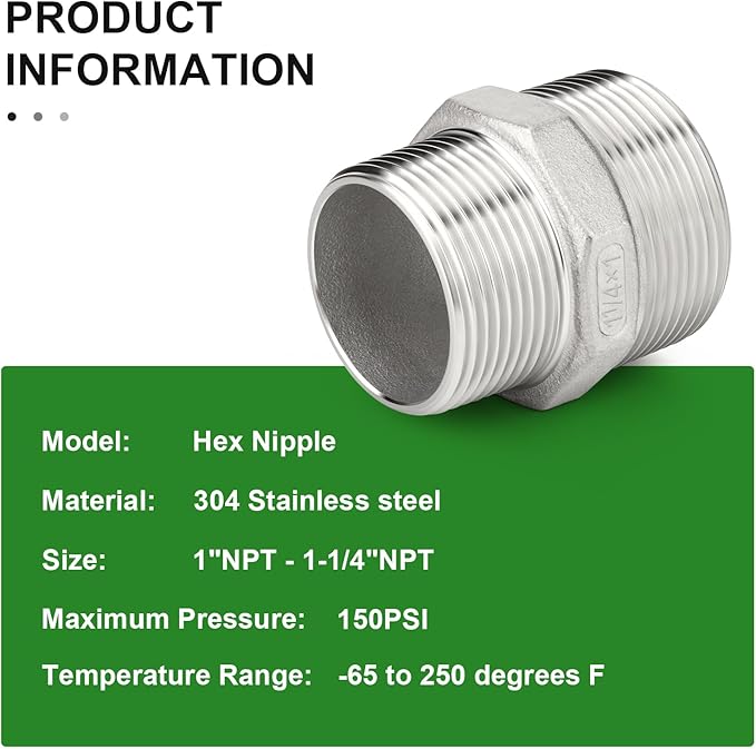 TAISHER 2PCS Cast 304 Stainless Steel Hex Nipple, Reducer Pipe Fitting 1-1/4" NPT Male x 1" NPT Male