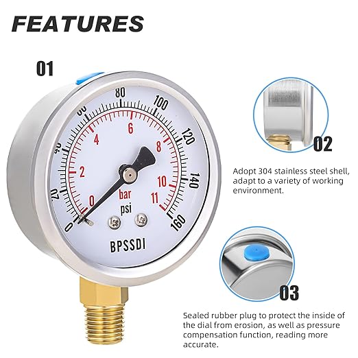 0-160 Psi Pressure Gauge, 2.5" Dial Size, 1/4" NPT Lower Mount, 304 Stainless Steel Case, Water Pressure Gauge Test for Water Pump, Pneumatic Air, RV Hose, Tank, Well Pump(with Tape)