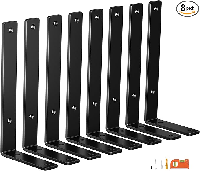 8-Pack 6 Inch Heavy Duty Shelf Brackets, Premium Floating L Bracket for Wall, Kitchen, Mantel Shelves Support | Quarter Inch (1/4") Thick | Black Powder Coated Steel