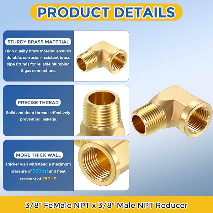 2 Pack Brass Pipe Fittings, 90 Degree 3/8" FeMale NPT to 3/8" Male NPT Barstock Street Elbow with Sealing Tape, Forged Pipe Fitting Connector for Air, Oil, LP, Fuel