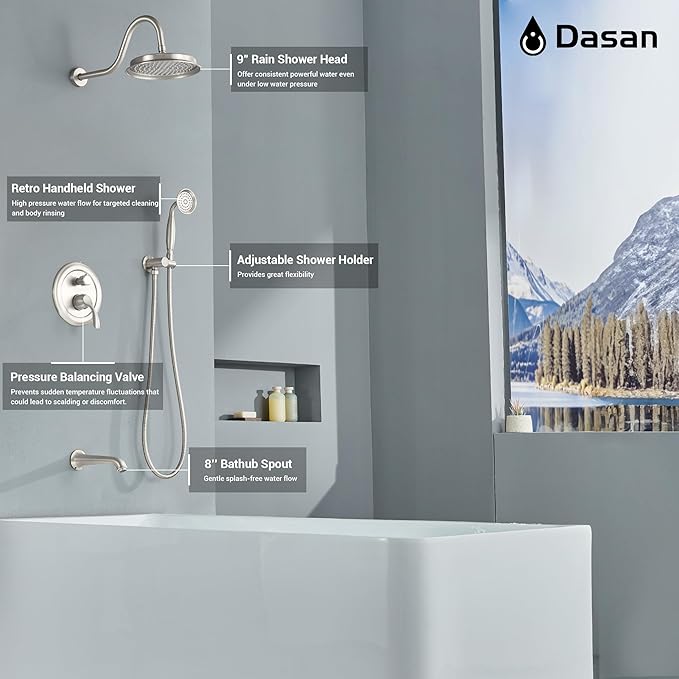 DASAN Brushed Nickel Shower System with Tub Spout, Tub and Shower Faucet Combo Set with Valve & Trim Kit Bathtub Shower Faucet Set Bathtub Shower System with Rainfall Shower Head & Handheld, AT309W-BN