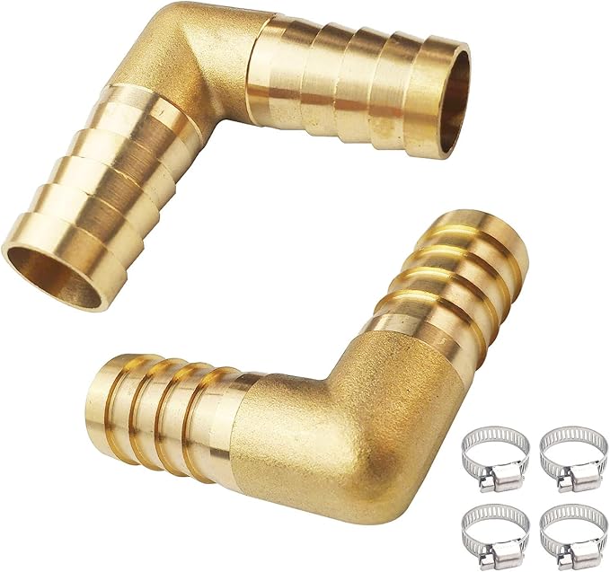 2PCs 3/4" Brass Hose Barb Fitting 90 Degree Elbow Barbed Splicer Mender Union Fitting with 4PCs Hose Clamp for Oil Water Air