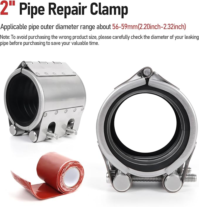 Kodilin Upgraded Pipe Repair Clamp with M1 Self-Adhesive Leak-Sealing Tape | 304 Stainless Steel Rust-Proof Emergency Pipe Repair Kit for Plastic & Metal Pipes, 2" (56-59mm)