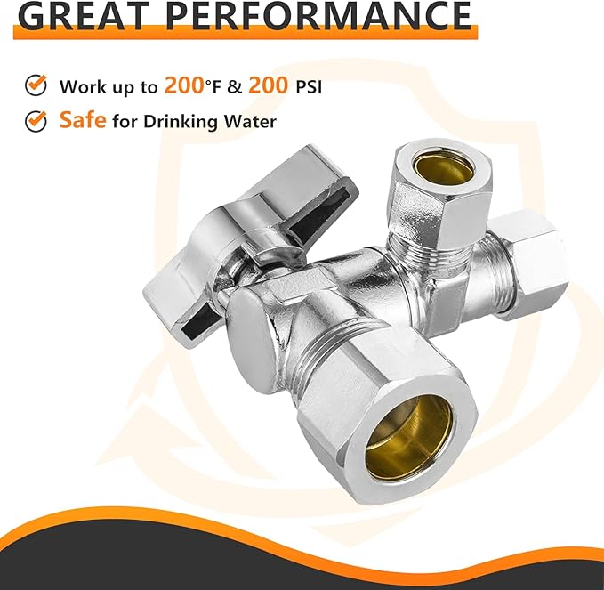 5-Pc HeSun Quarter-Turn Compression Angle Valve, 1/2" Nominal (5/8"OD) x 3/8" OD x 3/8" OD, Dual Compression Outlet Shut Off Valve, Chrome Plated Brass(VALVE206-5)