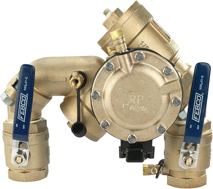 Febco 825YA Series 1-1/2" Bronze Reduced Pressure Zone Backflow Preventer Assembly, Quarter Turn Shutoff, N Pattern, Angle Union Connections, Flood Sensor with SentryPlus Alert Technology