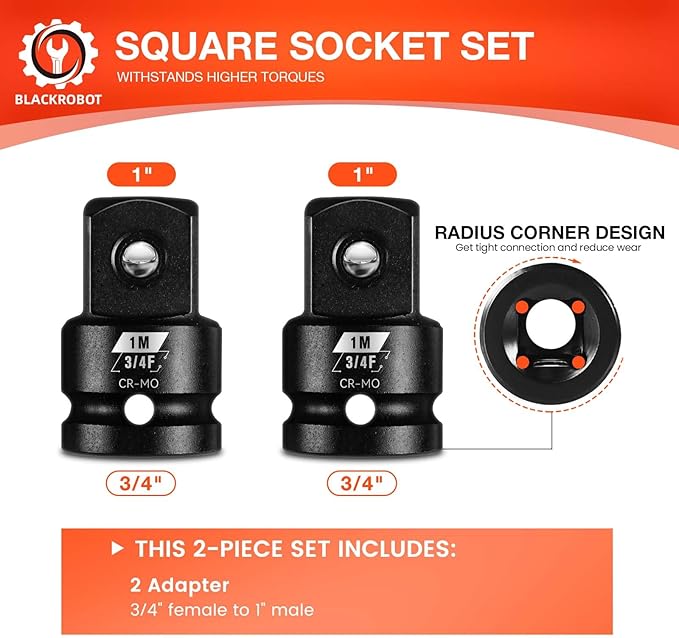 BLACKROBOT 2 Pieces 3/4” F To 1” M Impact Socket Adapter Set, SAE Drive Cr-Mo Steel Exceeds ANSI Standards, Square Drive Socket Reducer for Impact Driver Wrench