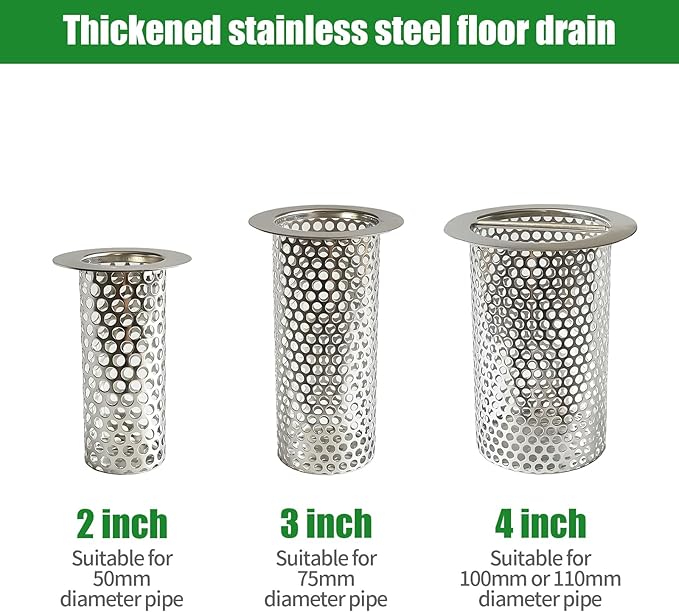 2'' Commercial Floor Drain Strainer, 4" Tall 304 Perforated Cylindrical Mesh Stainless Steel Drain Strainer for Factory/Kitchen/Hospital/Restaurant (Silver, 4" Tall x 2" Diameter)