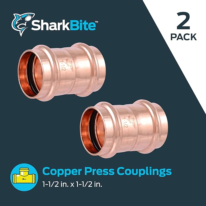 SharkBite 1-1/2 Inch Coupling, Copper Press Plumbing Fitting, Pack of 2, UPR0141X2