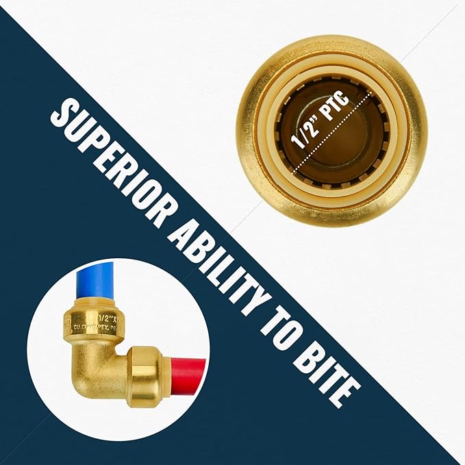 SUNGATOR Push Fittings 1/2 Inch, Straight Coupling (5 PCS), 90 Degree Elbow (5 PCS), No Lead Brass Plumbing Fittings for Pex Pipe, Copper, CPVC, with 1 Disconnect Clip, Pack of 10