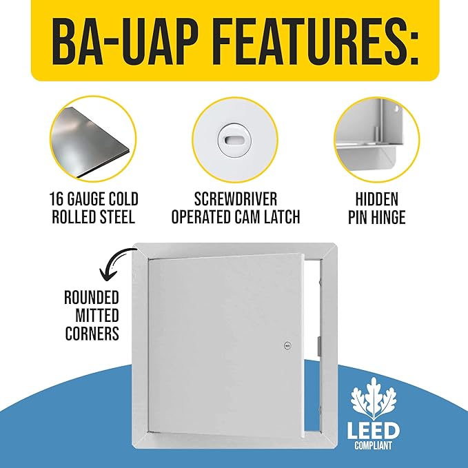 Best 24" x 24" Universal Access Panel – Flush Steel Door with Exposed Flange for Walls or Ceilings, 16-Gauge Cold Rolled Steel Frame, Screwdriver Cam Latch, White Powder-Coat Primer Finish, BA-UAP