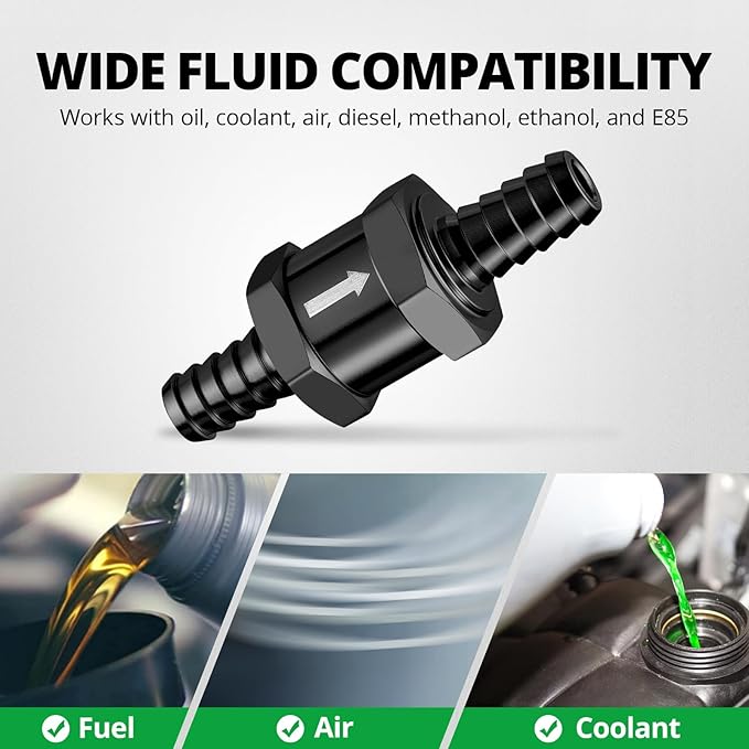 EVIL ENERGY 3/8" (10mm) Check Valve, 3 Pcs Aluminum One Way Fuel Check Valve for Gasoline, Diesel & Coolant with Universal Hose Clamps, Black