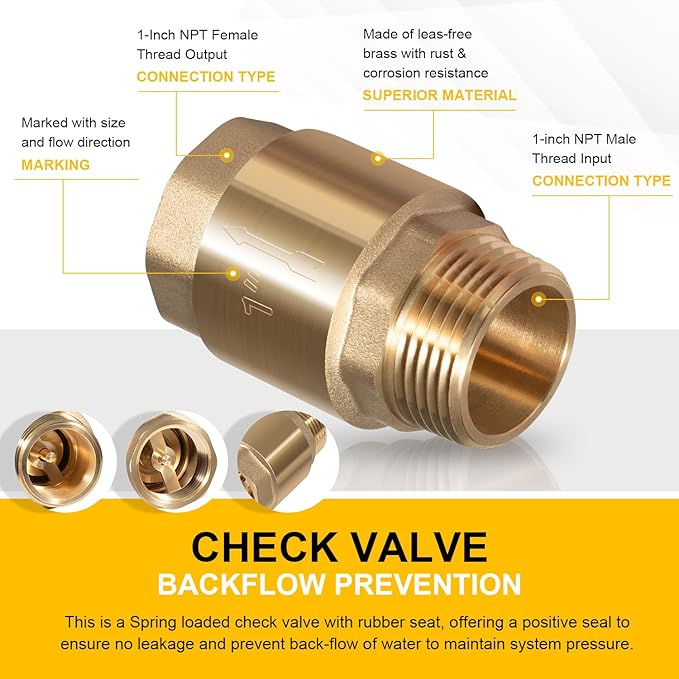 One Way Brass Check Valve, 1" NPT male in/ 1" FNPT out, Heavy Duty Prevent Backflow Water Check Valve Suitable for Well Pump Irrigation System Water Supply System, Replace for SP0465X-100 (1 Pack)