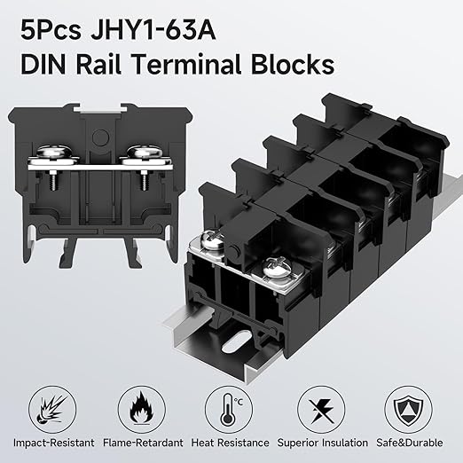5Pcs JHY1 DIN Rail Terminal Blocks, 600V 63A, 16-10mm², Detachable & Assemblable Terminal Strip Blocks, 10Pcs 16-14 AWG Insulated Fork Spade Wire Connectors & 4.92 Inch DIN Rail Included