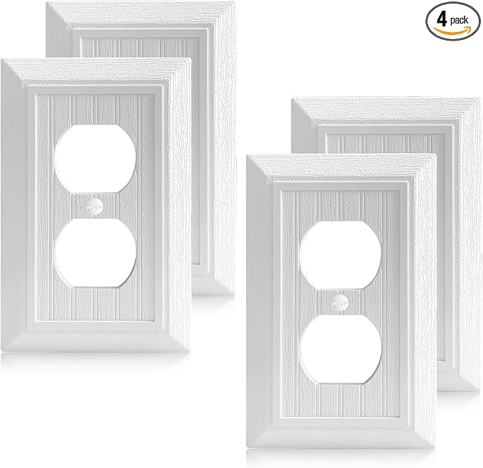 4-Pack White Outlet Covers Plate, Classic Retro Wood Grain Design Style, Modern Decorative Electric Receptacle Light Switch Cover Plates (1-Gang Duplex Mid-Size)