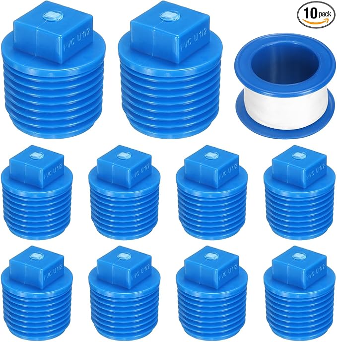 uxcell 10Pcs 1/2 Inch PT Male Thread PVC Pipe Fitting Plug, Cleanout Plugs, Water Drain End Caps Coupling Adapter with Tape for Water Heater Supply Lines, Plumbing, Blue