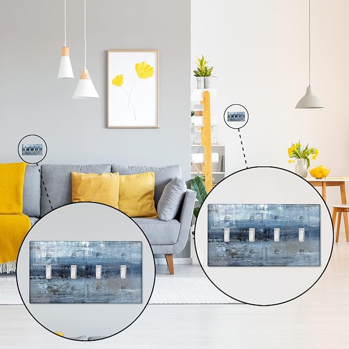 Blue Grey Light Switch Cover 4 Gang Toggle Decorative Wall Switch Plates Abstract Art Wallplates for Kitchen Outlets Cover Bedroom Decor