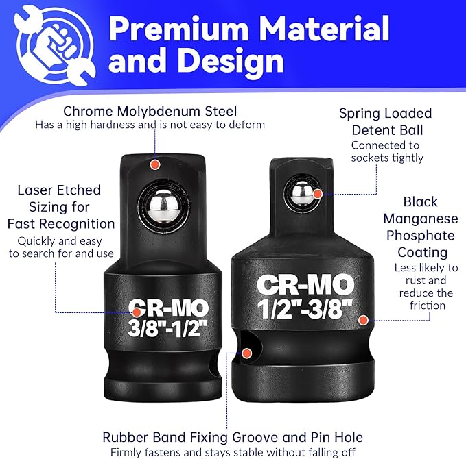 3/8" Female to 1/2" Male, 1/2" Female to 3/8" Male Impact Socket Adapter Reducer Set, 2 Pcs Chrome Molybdenum Steel Driver Conversion Adapters, for Sockets and Impact Wrench