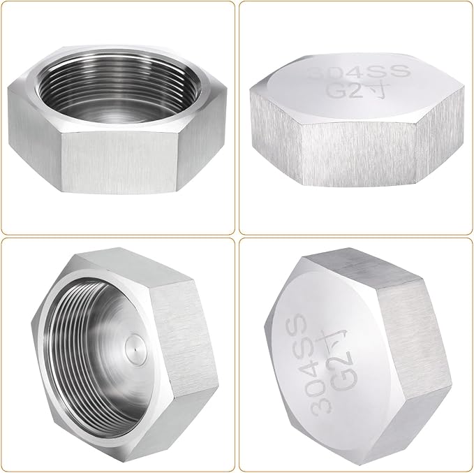 uxcell Hex End Cap 304 Stainless Steel Nut with Washer, G2" Female Thread Pipe Fitting, Gas Line Water Line Stop Valve Cap Tubing Ends for Plumbing Fittings, Silver Tone