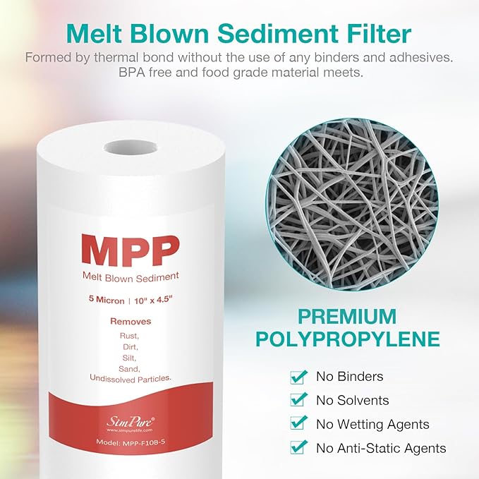 SimPure Whole House Water Filter Cartridges 5 Micron 10" x 4.5" PP+CTO 2-Stage Sediment and Carbon Filter Set, for DB10C-2, DB10P, GE FXHTC, GXWH40L, WGB21B, FP15B, FC15B, 4 Sets