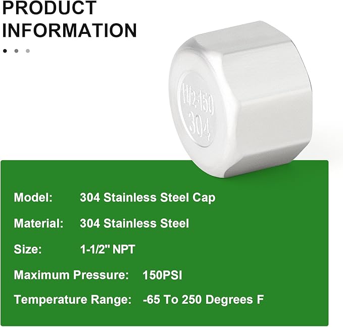 TAISHER 2PCS 304 Stainless Steel Cap Pipe Plug Socket Fitting 1-1/2" NPT Female